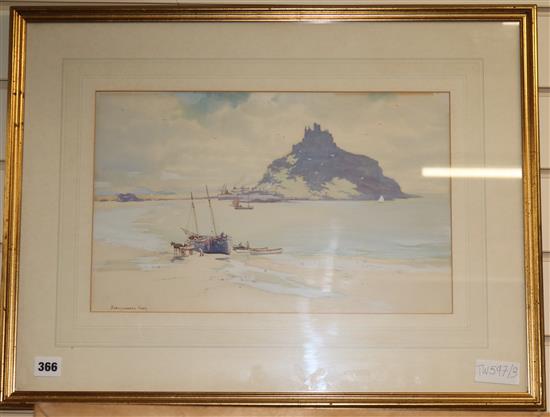 John Baragwanath King (1864-1939), watercolour and gouache, St Michaels Mount with beached fishing boat in the foreground, signed, 27